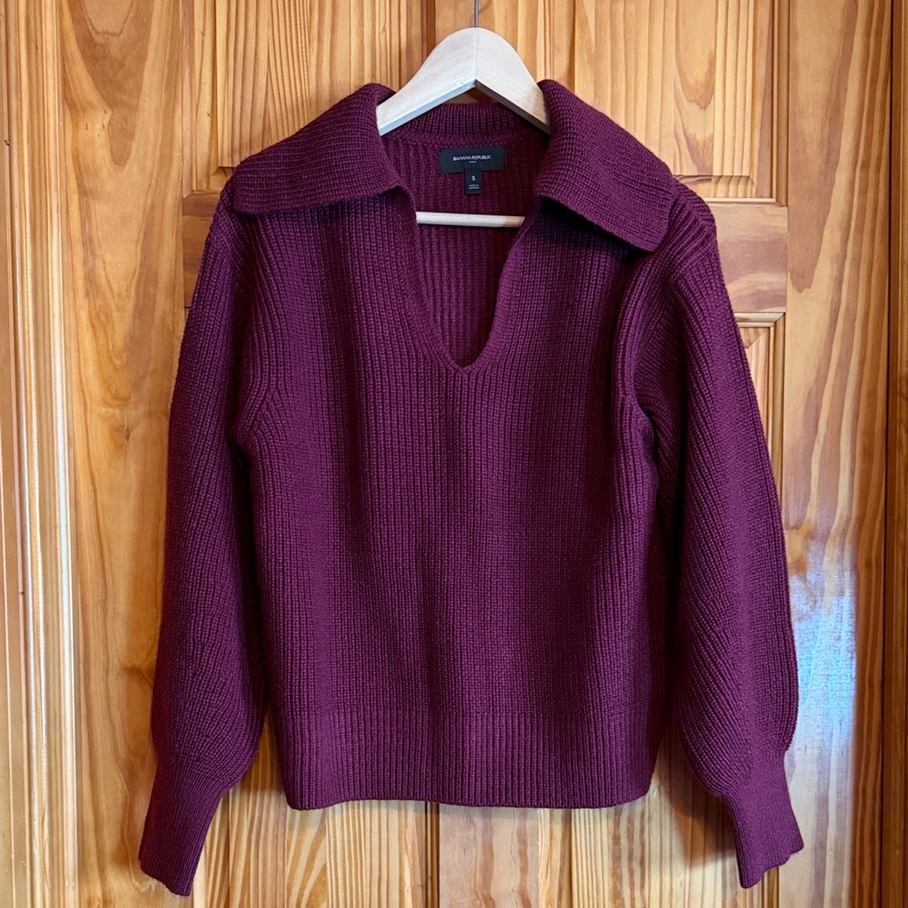 Banana Republic Deep Wine V-Neck Collared Sweater